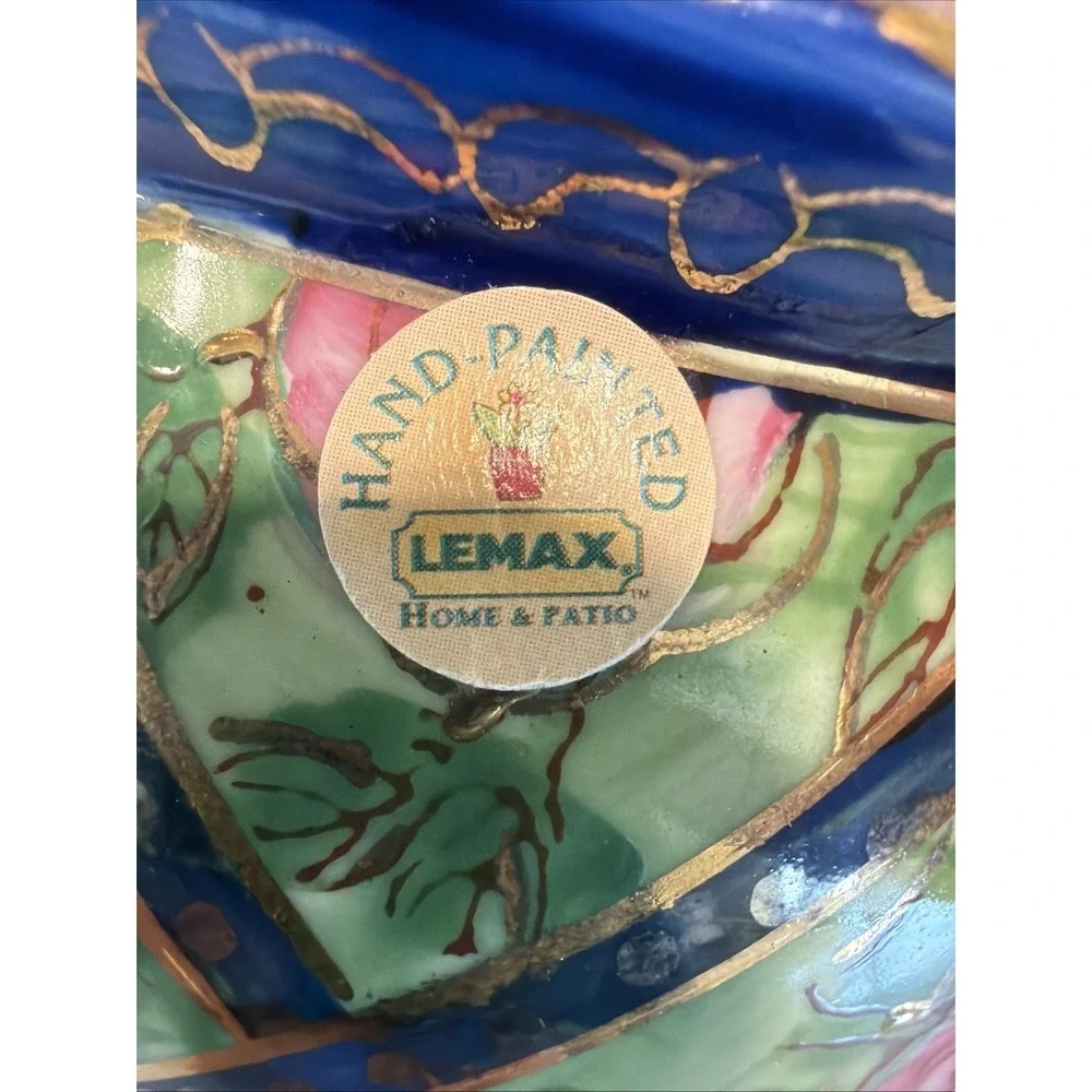 Lemax Ceramic Flower Pot Vase Green/blue/pink Roses Garden Gold Gilt 4